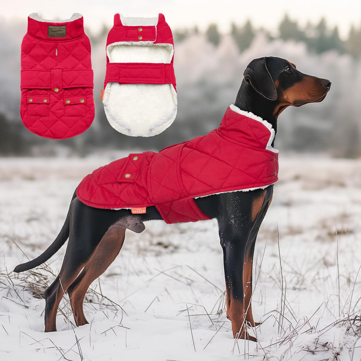 KYEESE dog coat back view shows a snug fit for medium dogs in cold weather warmth.
