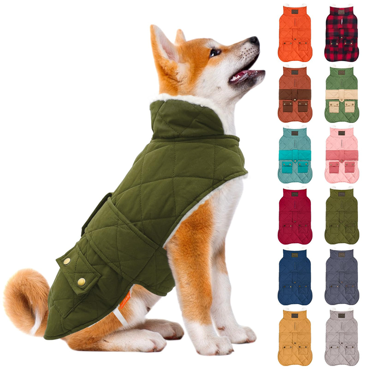 KYEESE dog coat front view with fleece lining for warm winter walks.