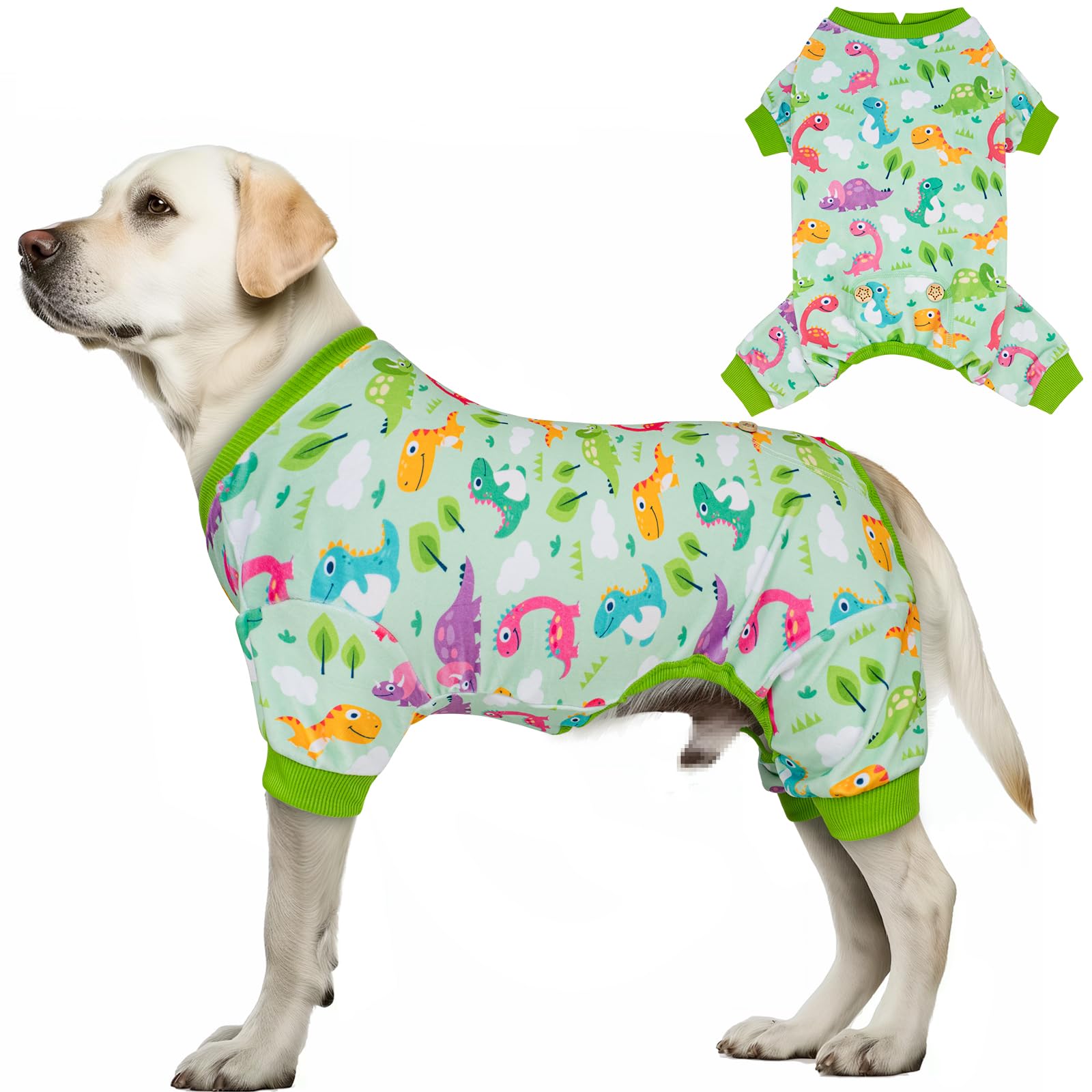 KYEESE dog pajamas front view with colorful dinosaurs for cozy all-day wear