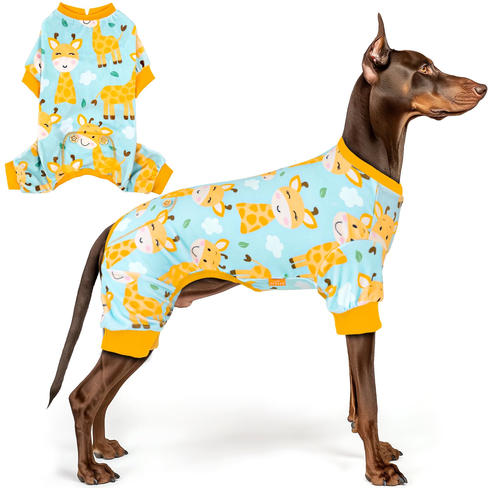 KYEESE dog pajamas in giraffe print with soft velvet keep dogs cozy during chilly days.