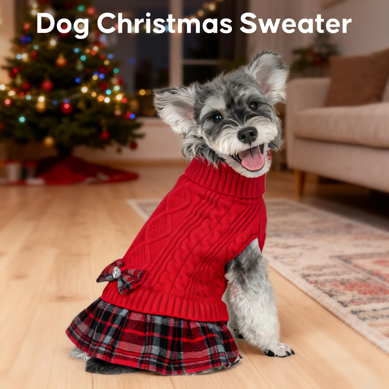 KYEESE dog sweater back view featuring gingham patchwork and rhinestones