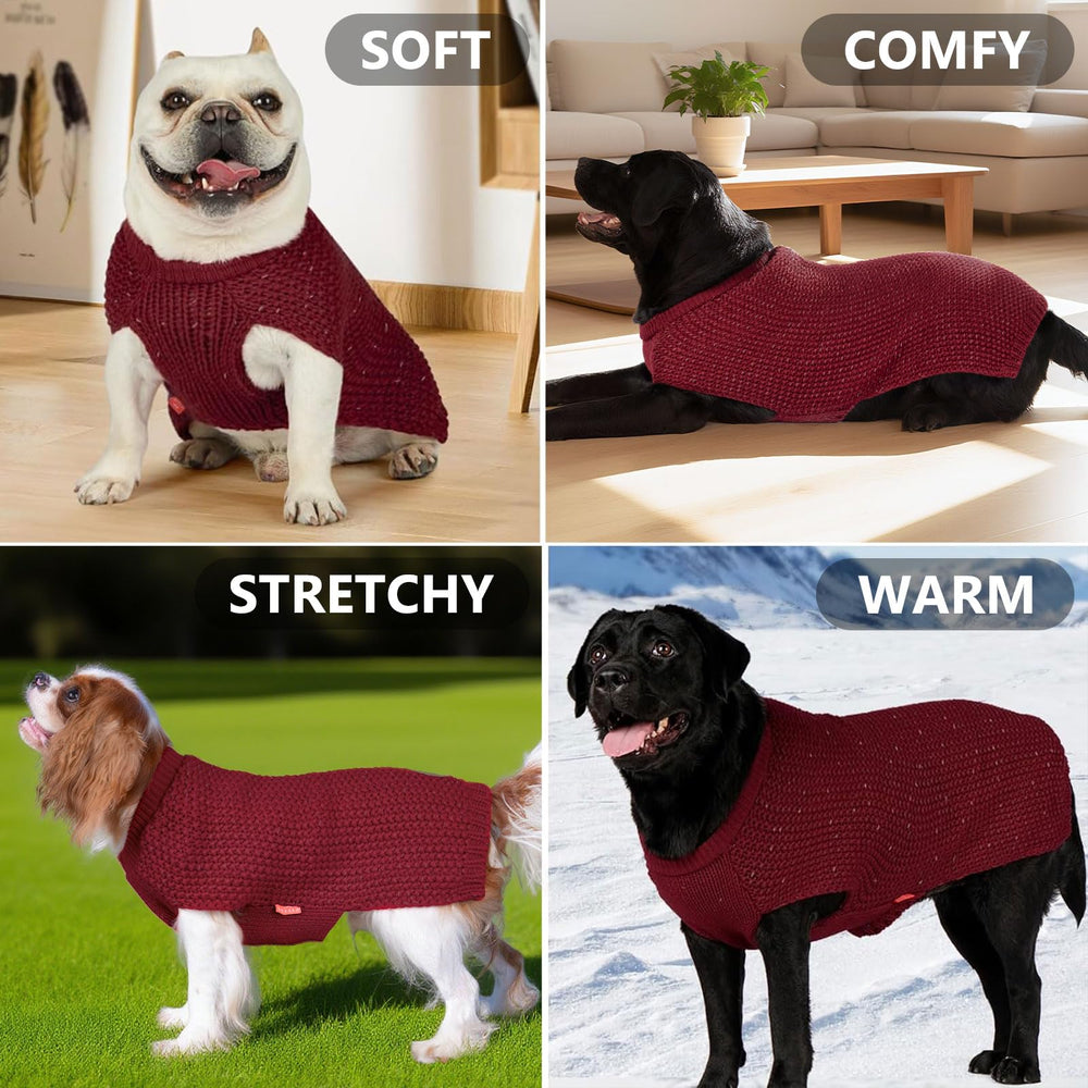 Kyeeese dog sweater worn during a walk with dark red color.