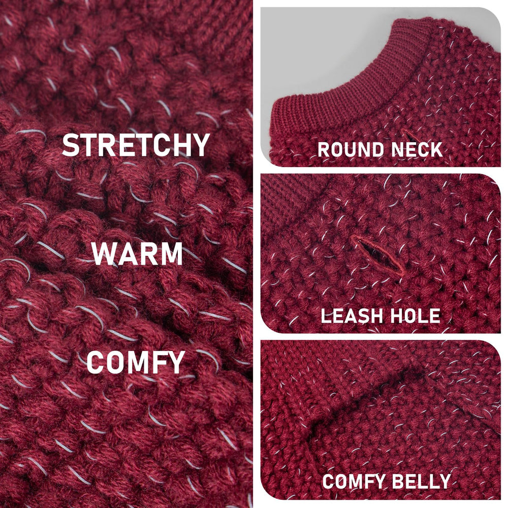 Kyeeese dog sweater reflective thread for higher visibility at night.