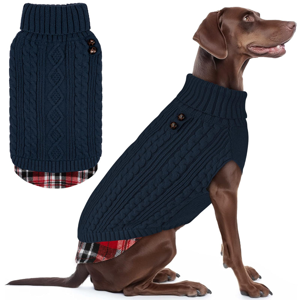 KYEESE dog sweater with turtleneck and gingham patch for cozy warmth.