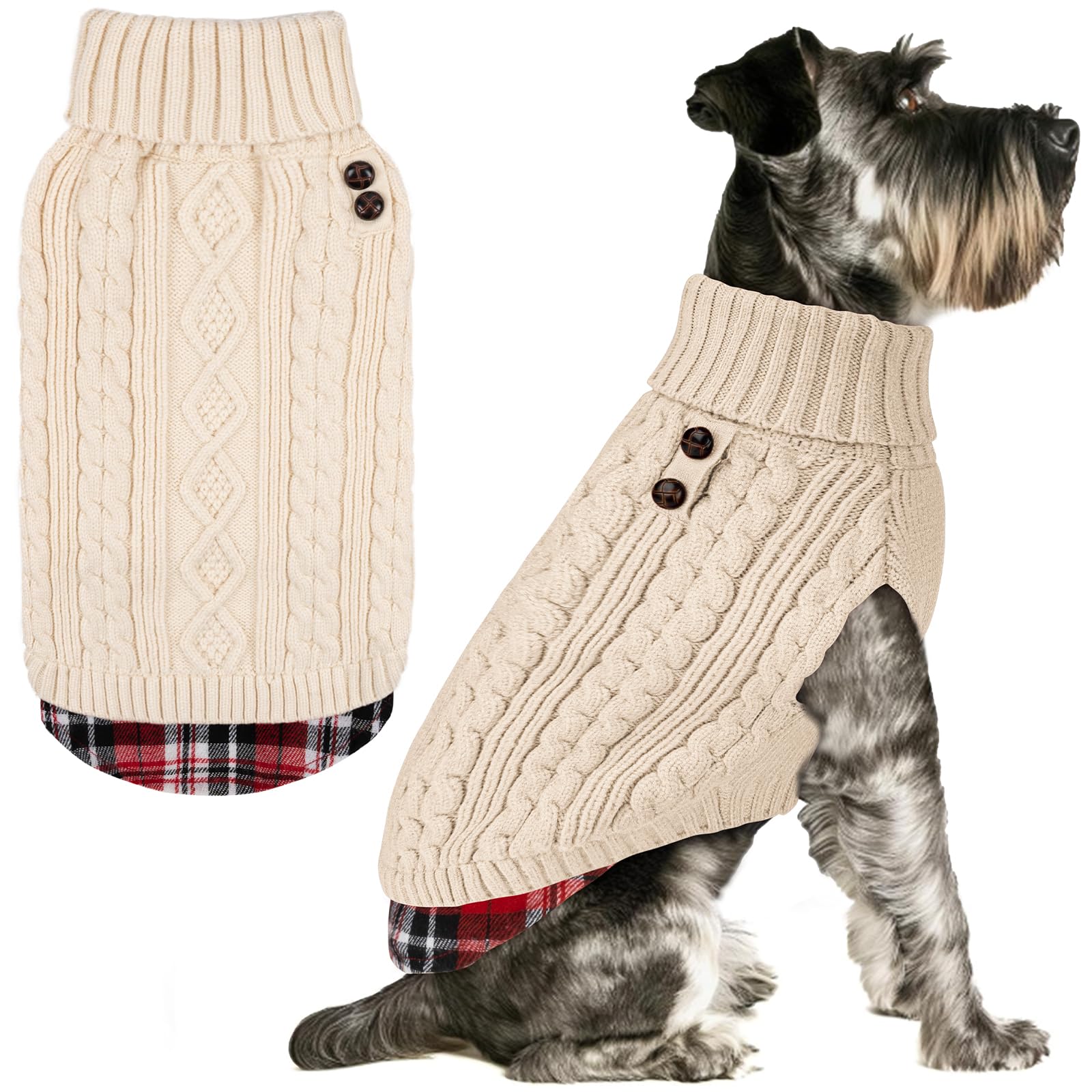KYEESE dog sweater with turtleneck gingham patch keeps small dogs warm and photo-ready.