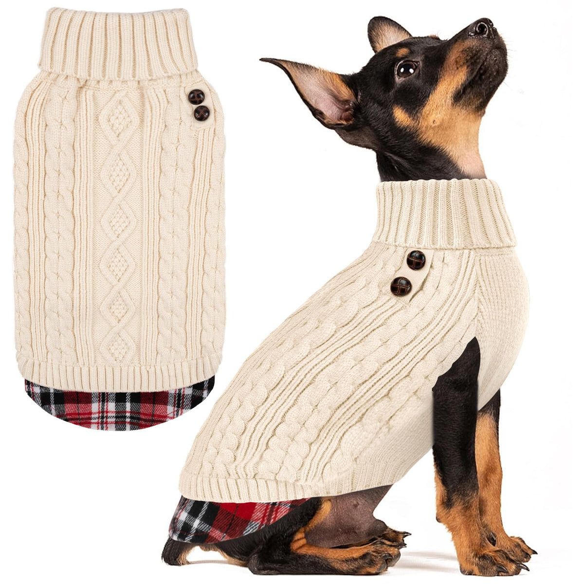 KYEESE dog sweater with warm turtleneck and gingham patchwork keeps small dogs cozy and stylish