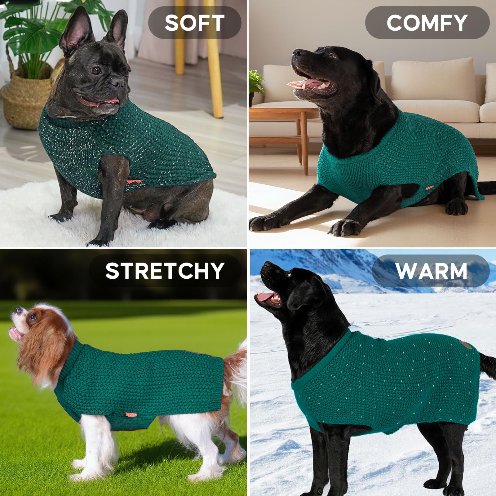 Kyeeese stretchy-knit dog coat enables easy on-off and comfortable fit.