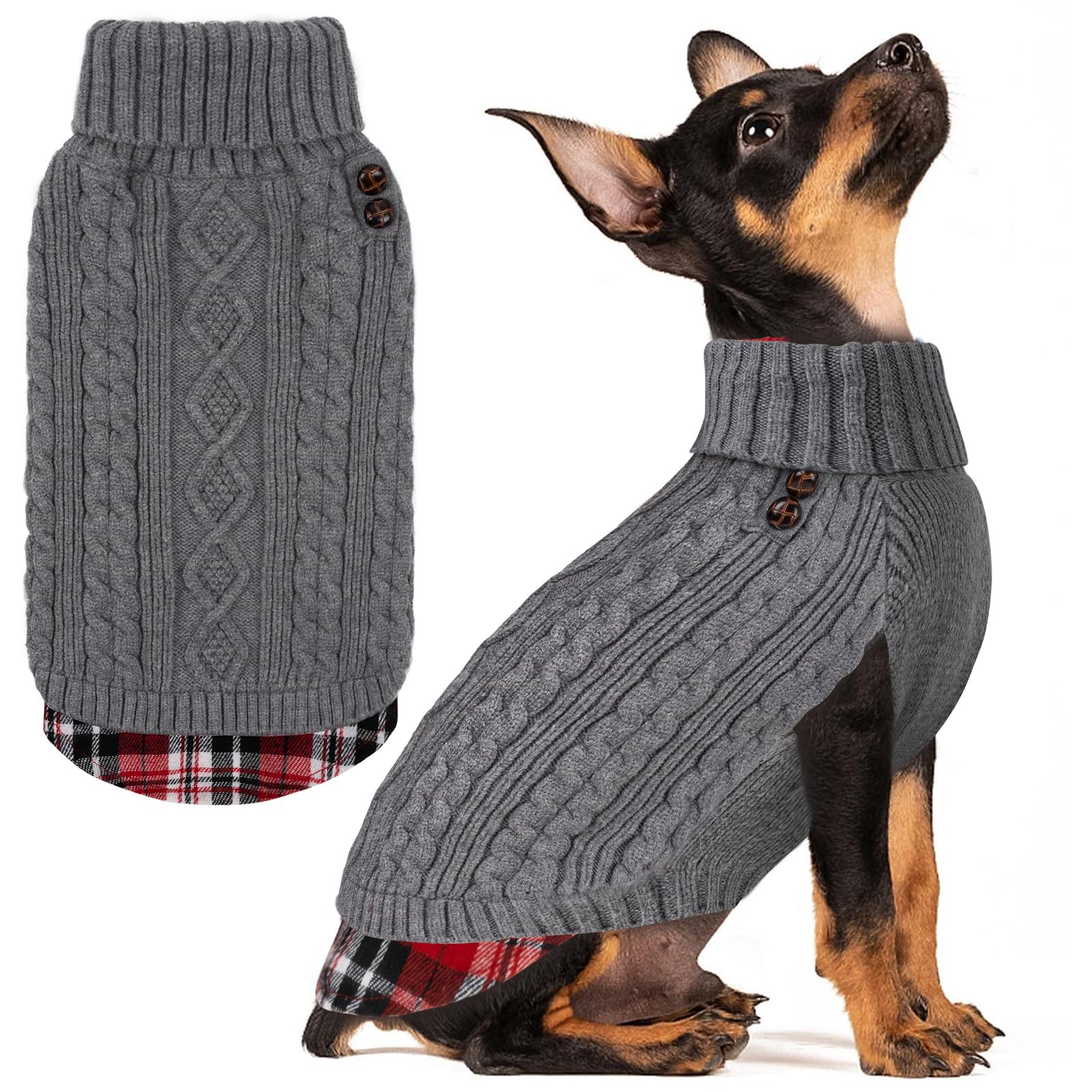 KYEESE small dog sweater with gingham patchwork for cute photoshoots and warmth.