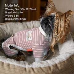 KYEESE pink striped dog pajamas on lounging dog highlighting indoor wear