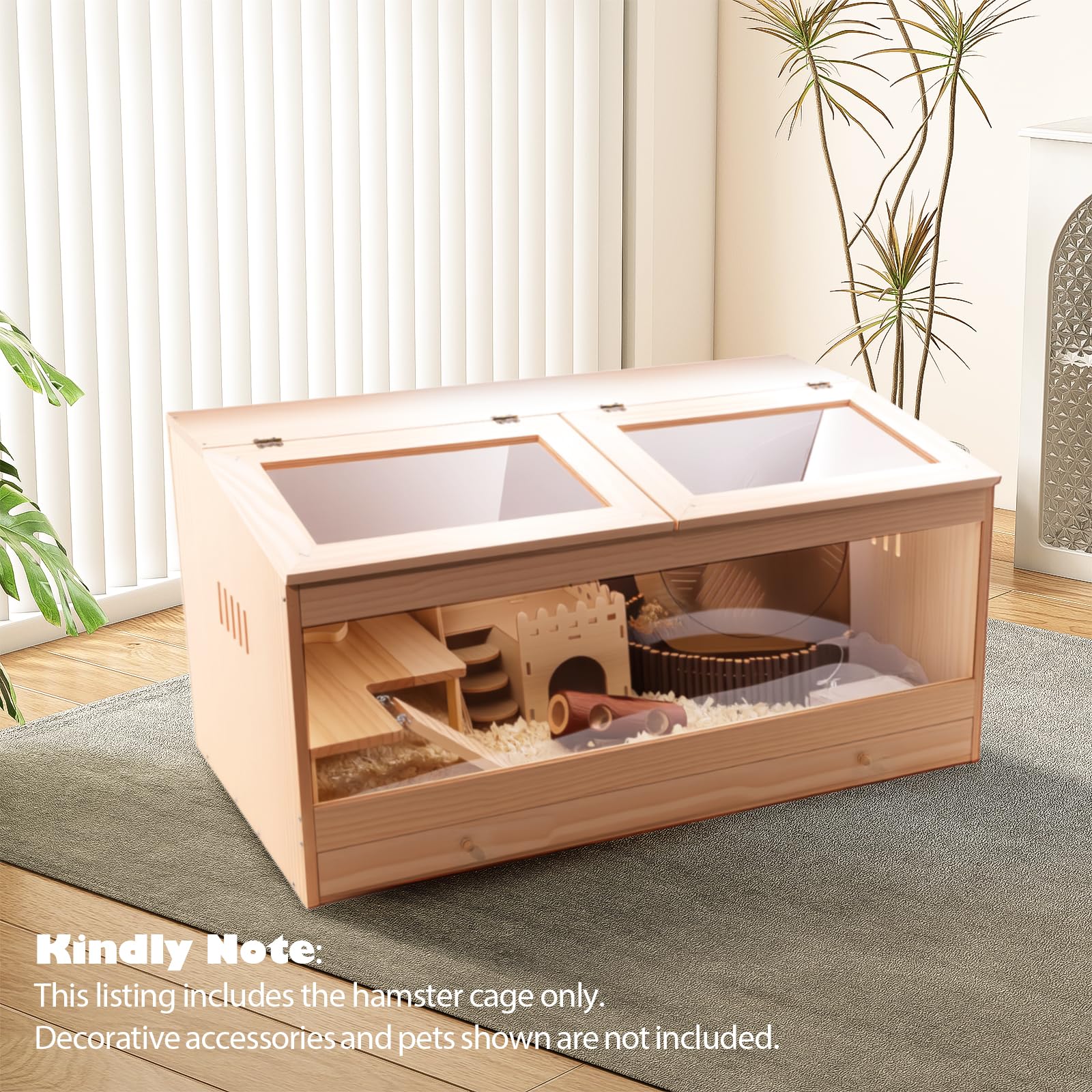 Kyerlish wooden hamster cage interior highlights room for toys, bedding, and tunnels.