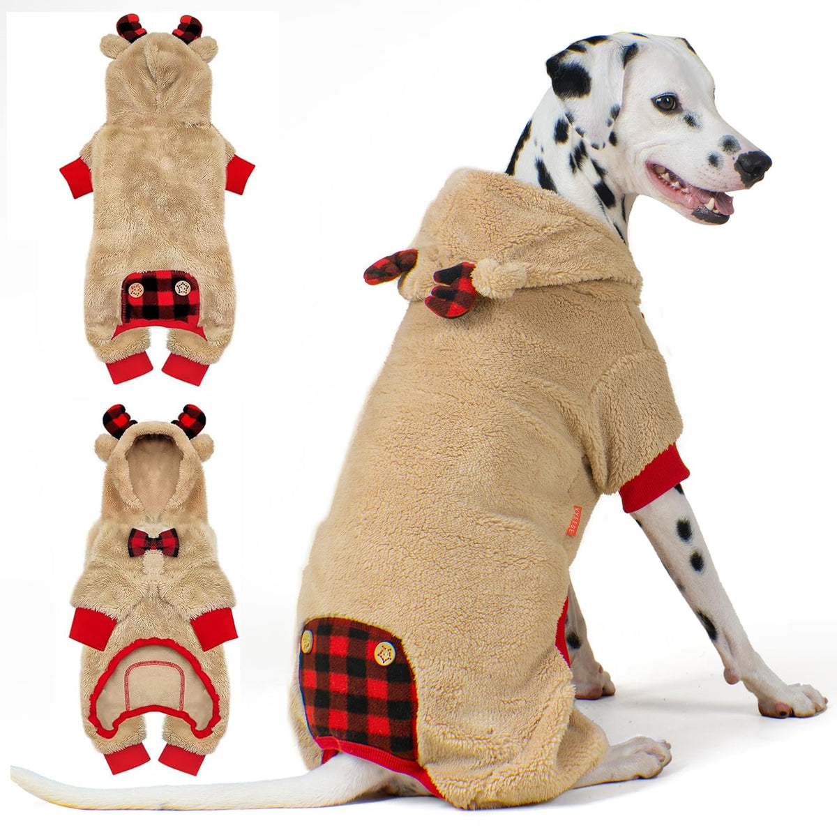 KYEESE dog Christmas Pajamas with Reindeer Hood showcase festive holiday styling for photos.