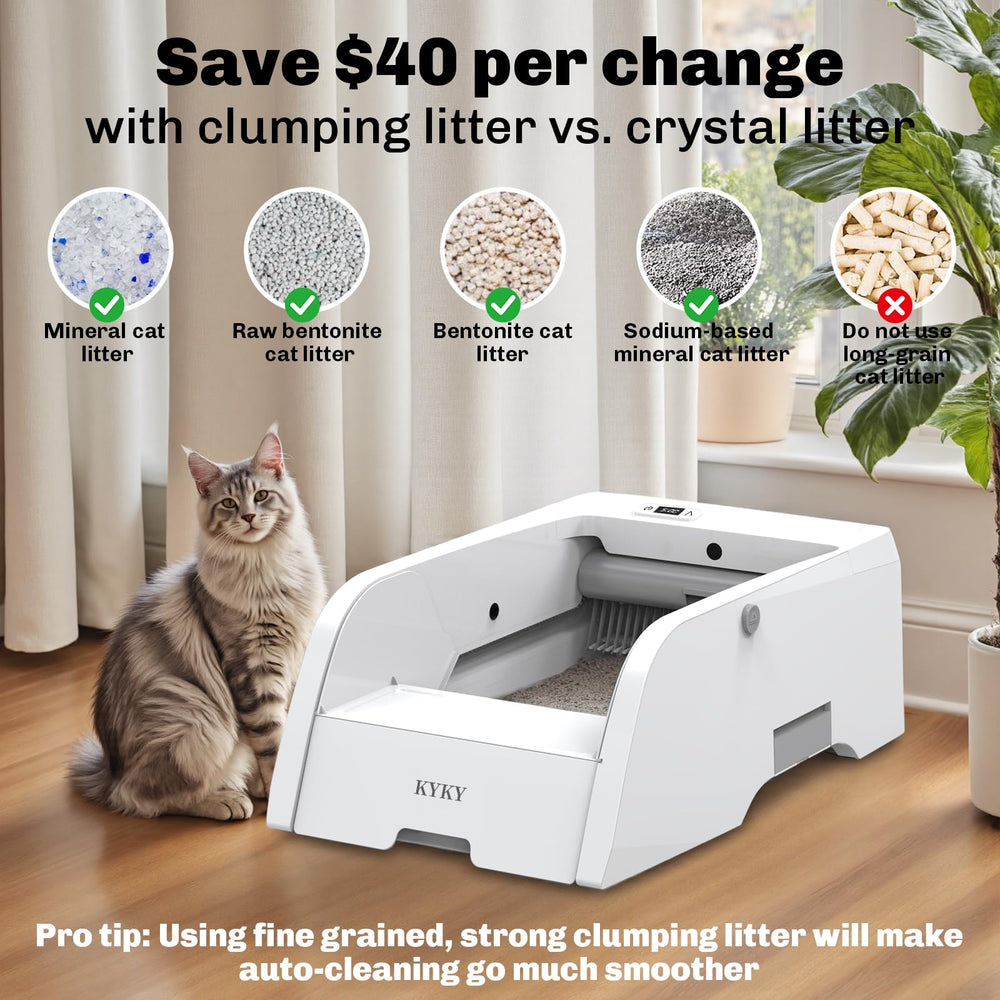KYKY anti-pinch sensors protect cats during self-cleaning sessions.