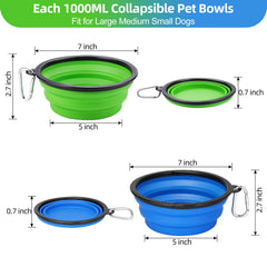 Kytely blue-green collapsible dog bowls expanded for hiking meals.