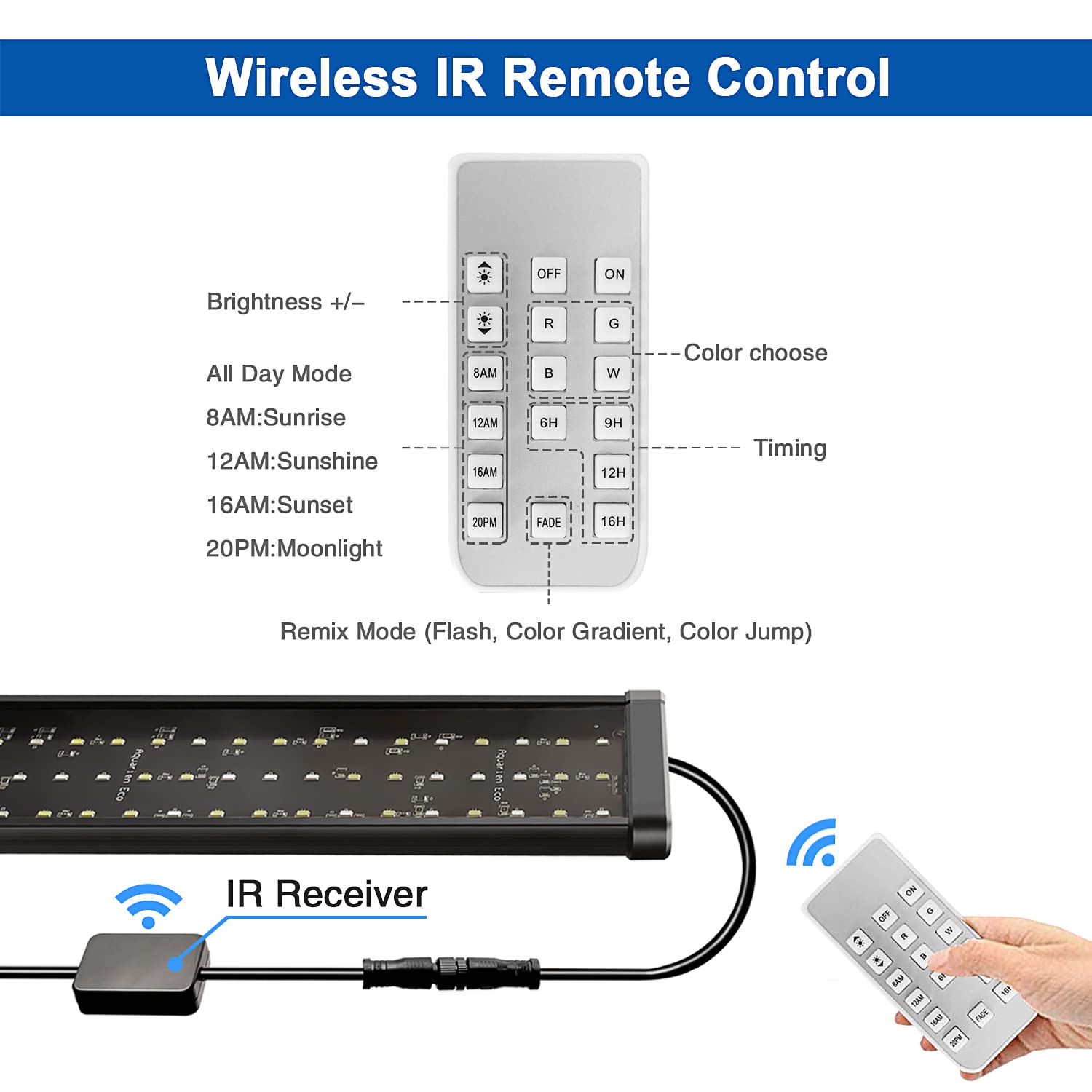 KZKR Upgraded Aquarium Light remote demonstrates easy control for day-night settings.
