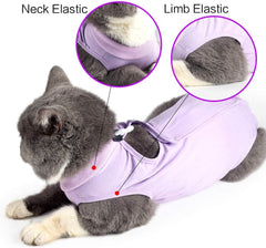 kzrfojy Cat Surgery Recovery Suit purple wearing cat demonstrates breathable fabric for daily activity