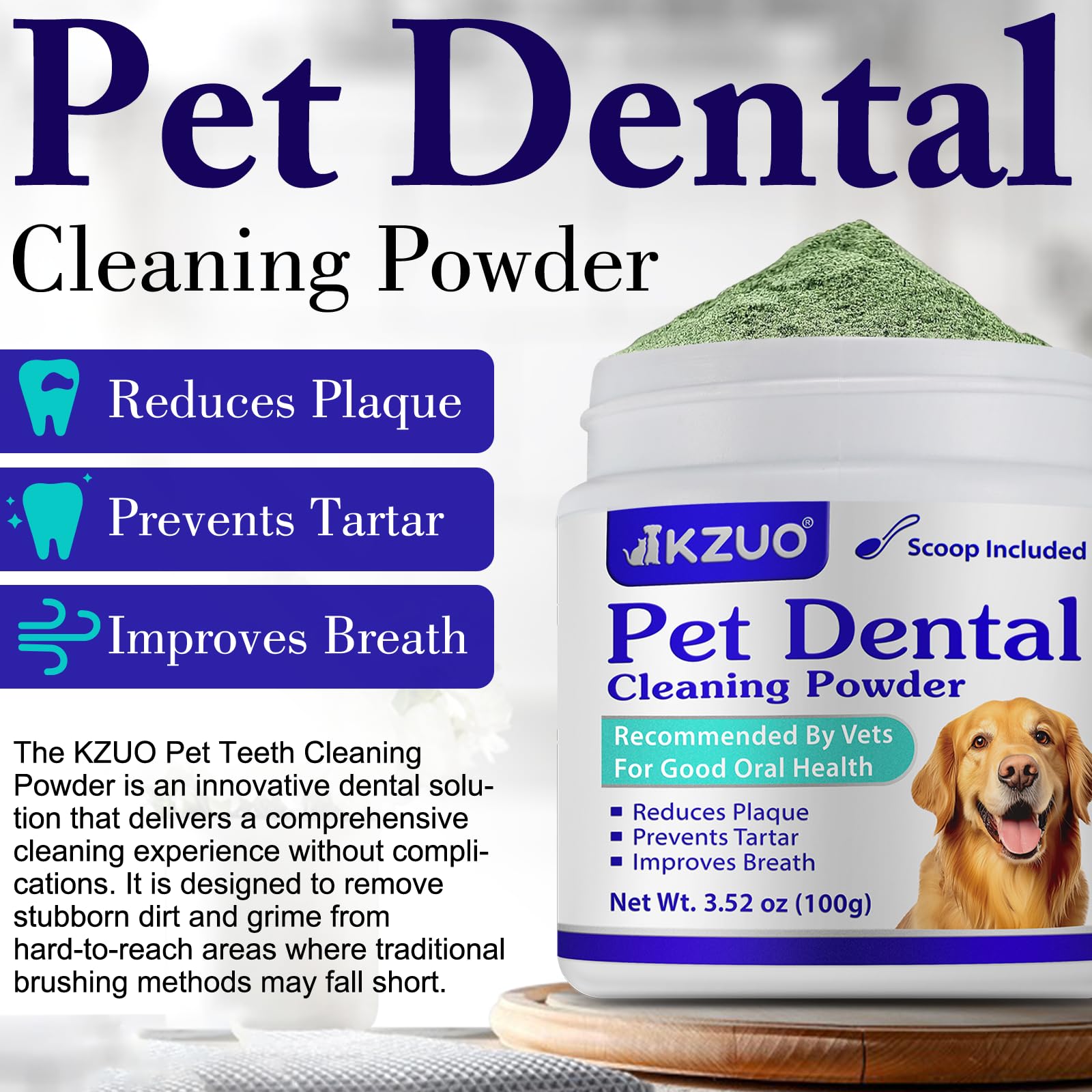 KZUO cat and dog dental powder mixed-use scene supports breath and plaque care