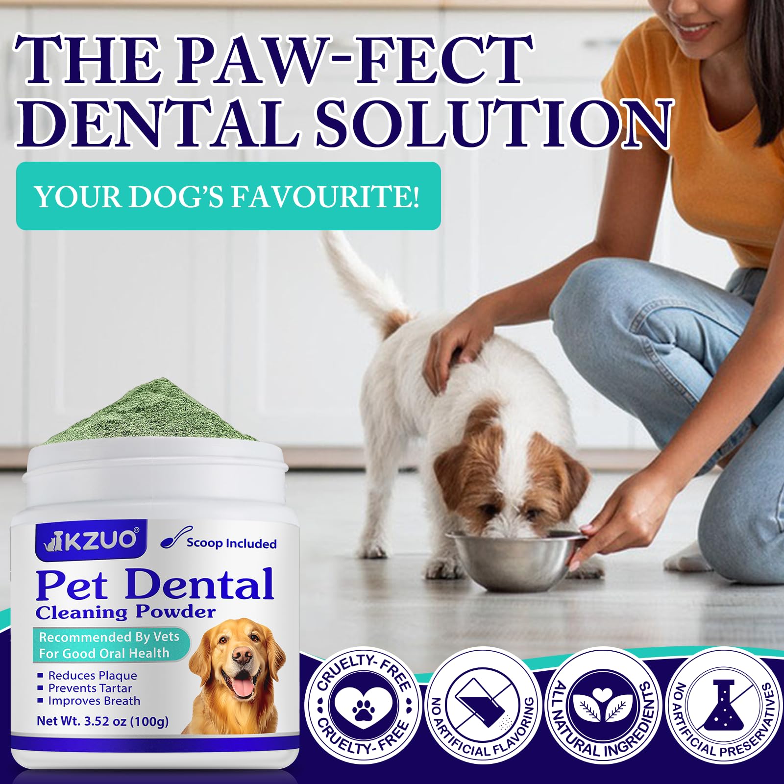 KZUO dental powder with pets in a scene indicating potential for fresher mouths