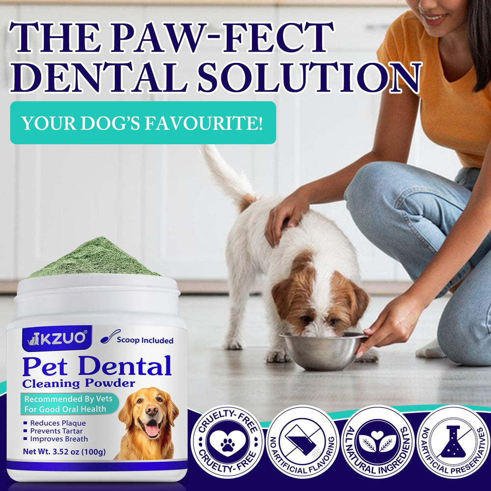 KZUO dental powder with pets in a scene indicating potential for fresher mouths