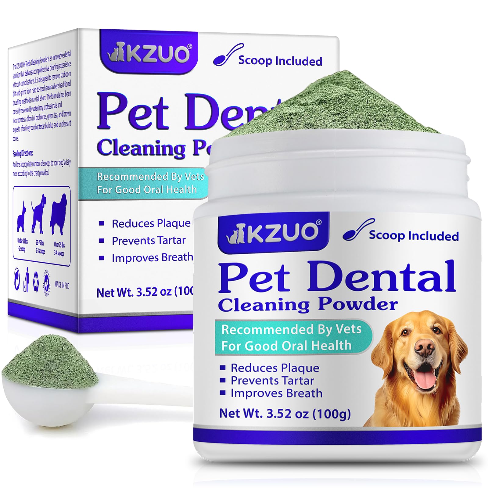 KZUO dog dental powder tub closeup shows easy oral care and fresher breath