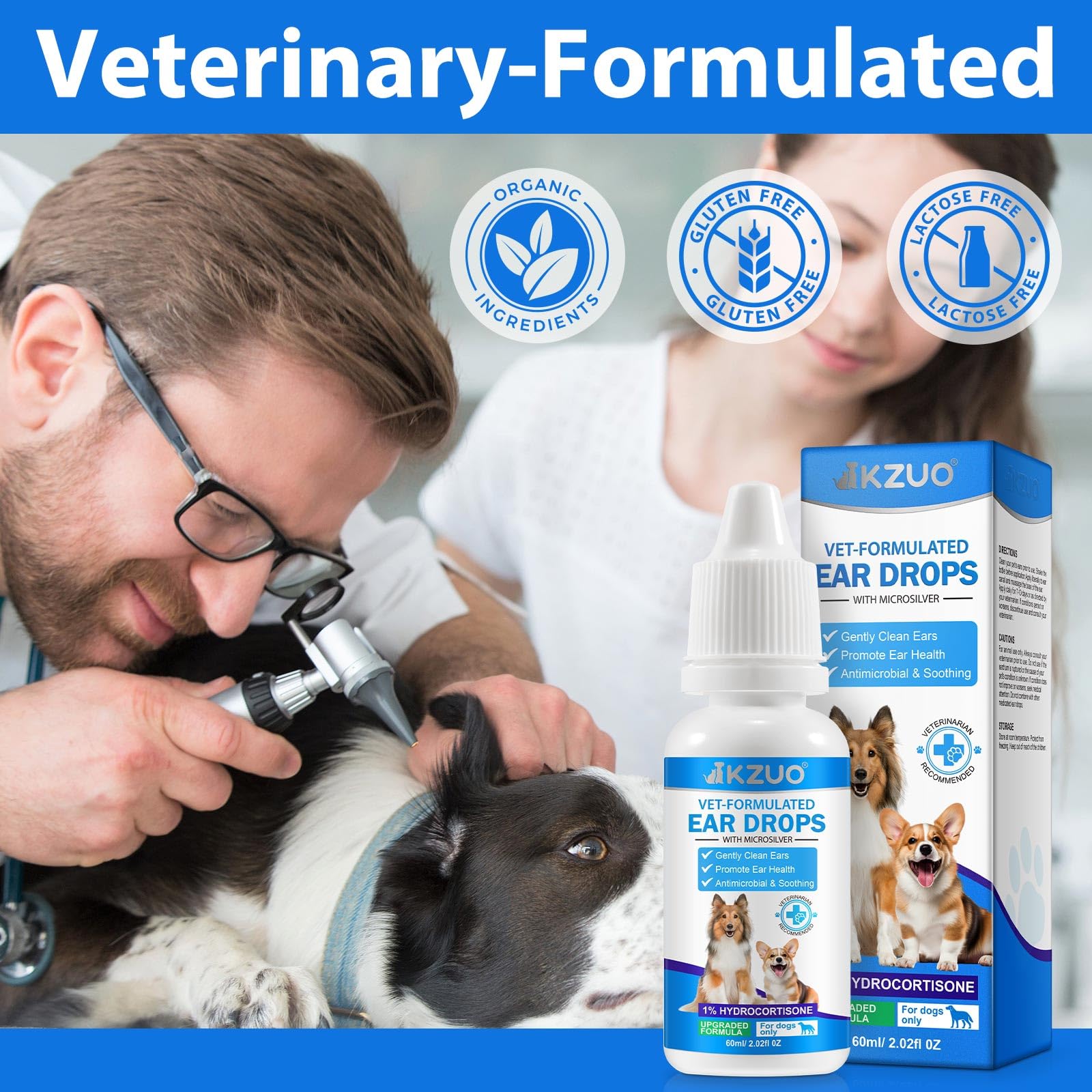 KZUO dog ear care closeup shows a gentle formula providing soothing relief.