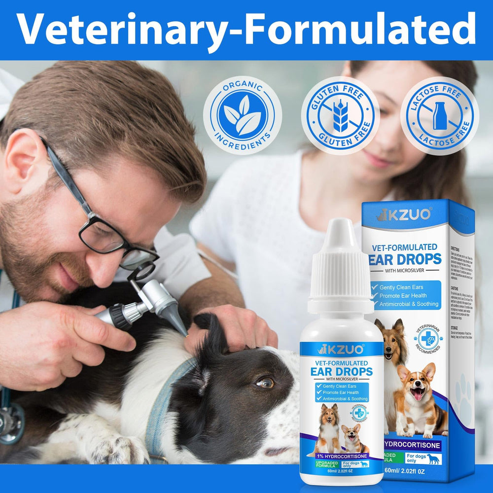 KZUO dog ear care closeup shows a gentle formula providing soothing relief.