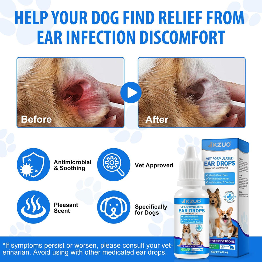 KZUO dog ear drops 1 percent hydrocortisone bottle highlights soothing anti-itch action.