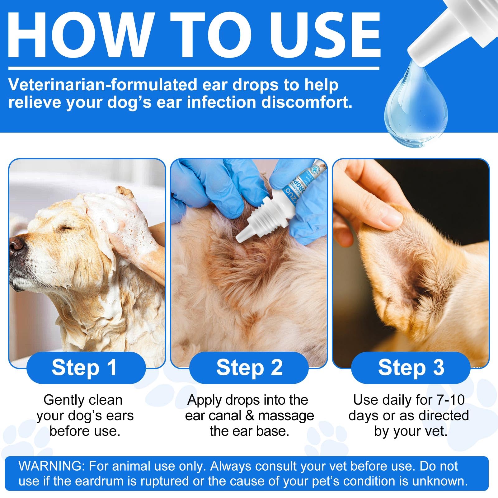 KZUO dog ear odor-control visual emphasizes cleaner ears after gentle application.