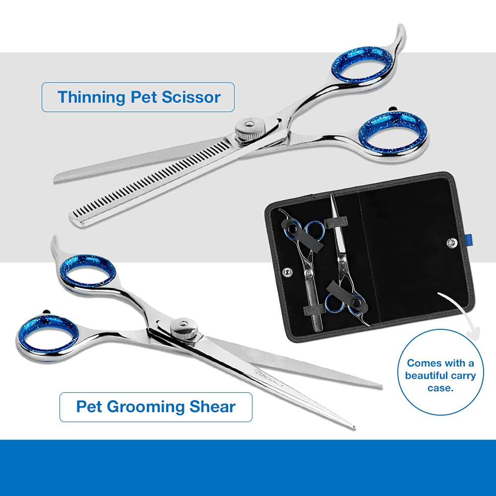 Laazar Pet Grooming Set thinning shear 42 teeth enables smooth coat blending.