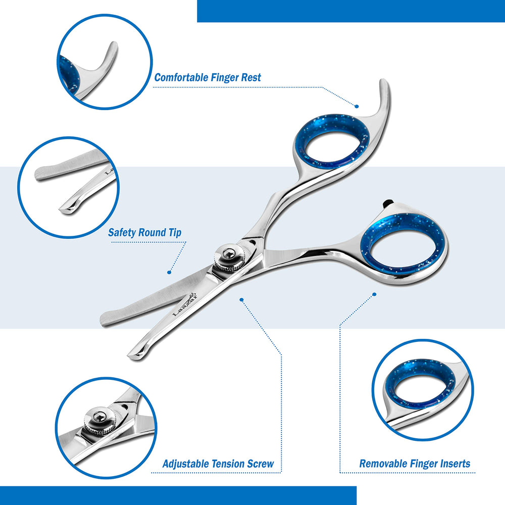 Laazar Straight Dog Grooming Scissors with blue comfort rings reduces hand stress during grooming