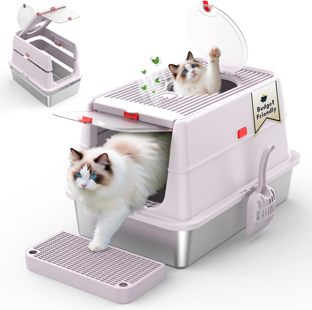 Labeta stainless steel cat litter box with 180° flip-top lid for easy scooping