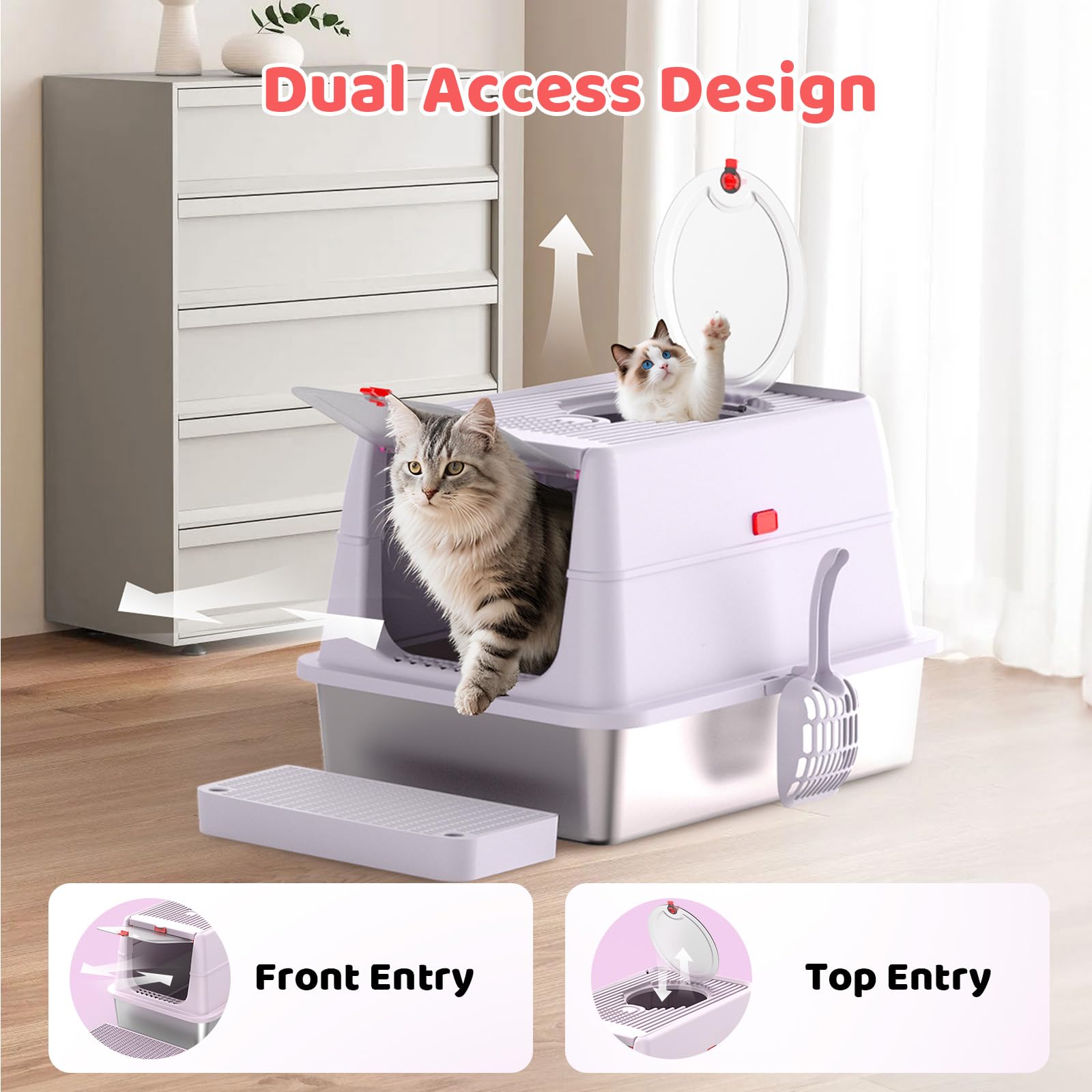 Labeta front-entry design guiding cats to exit and minimize mess