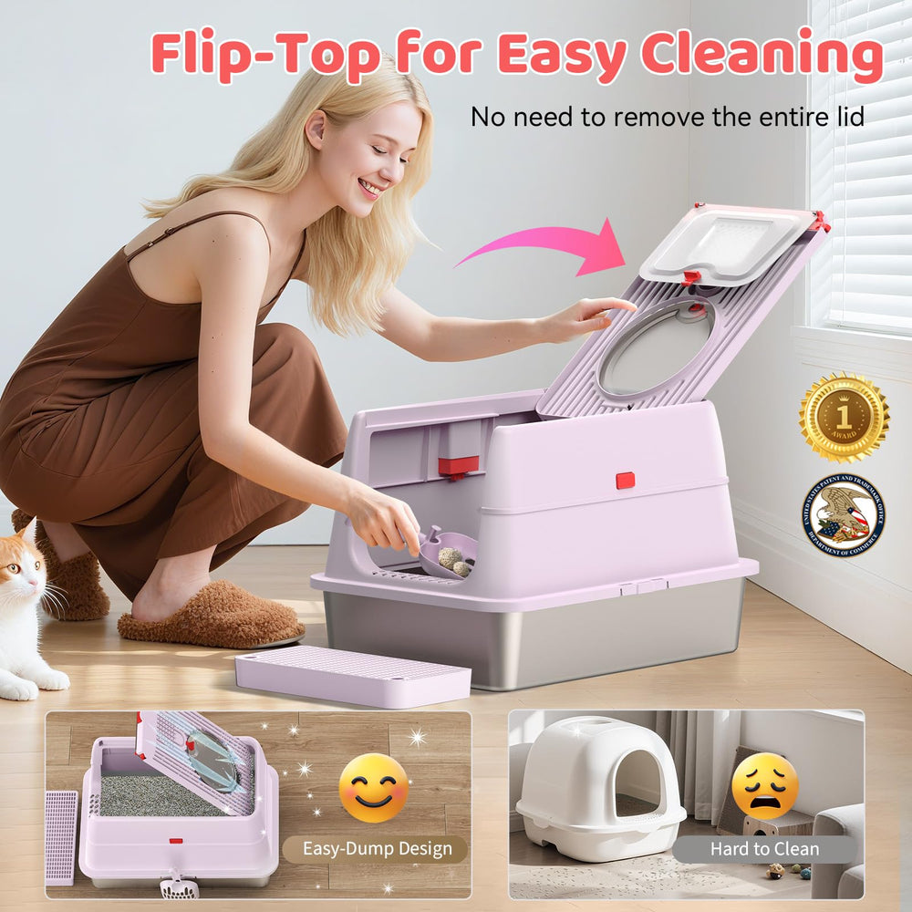 Labeta stainless steel litter box shown in open mode for quick access