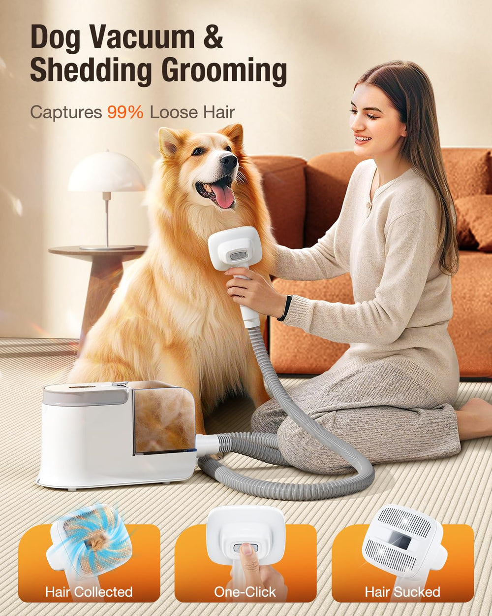 LABIGO dog grooming vacuum hose attachment demonstrates flexible reach for large spaces