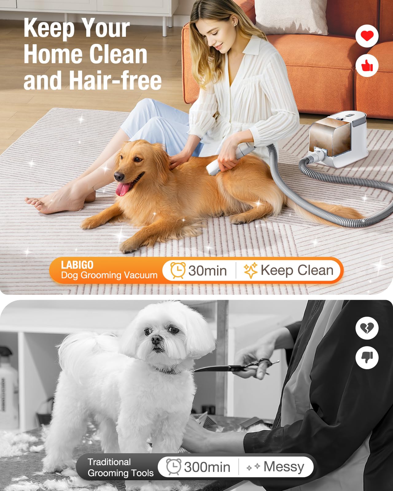 LABIGO dog grooming vacuum in-use on a pet showcasing low-noise grooming