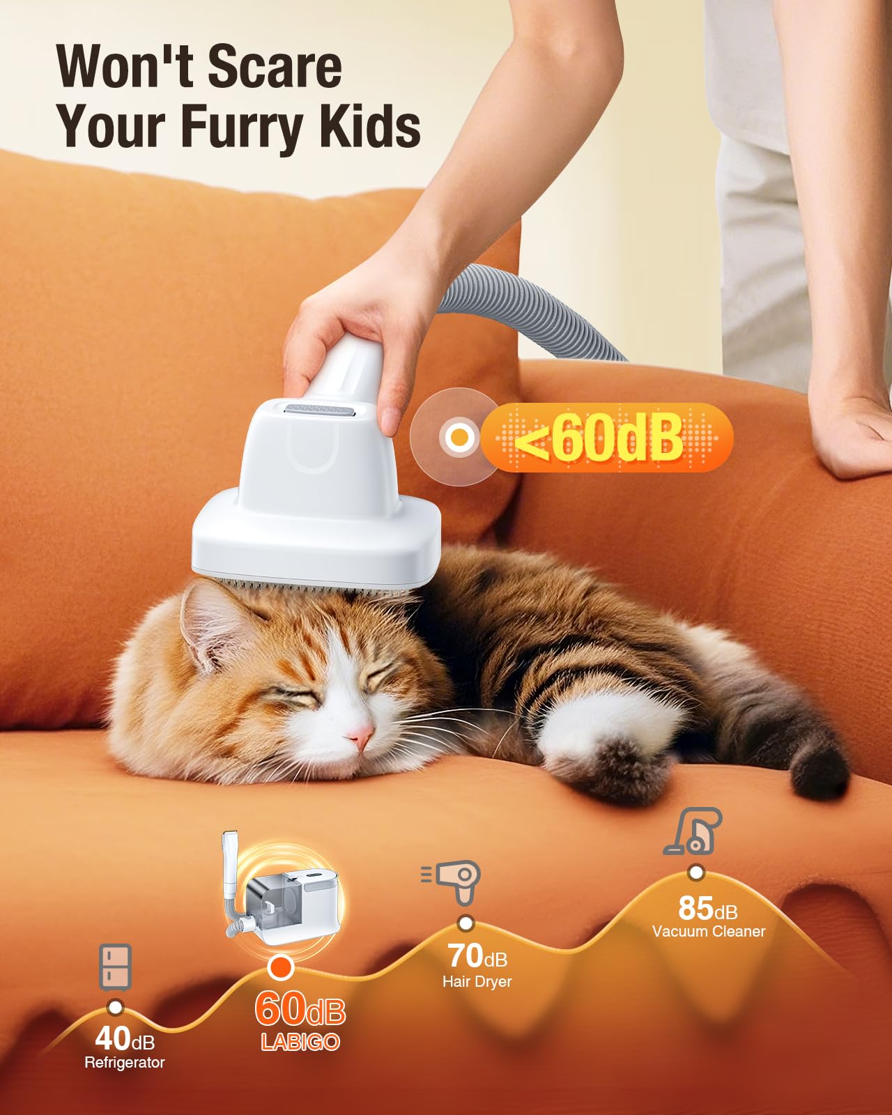 LABIGO dog grooming vacuum runs quietly under 60dB during grooming sessions
