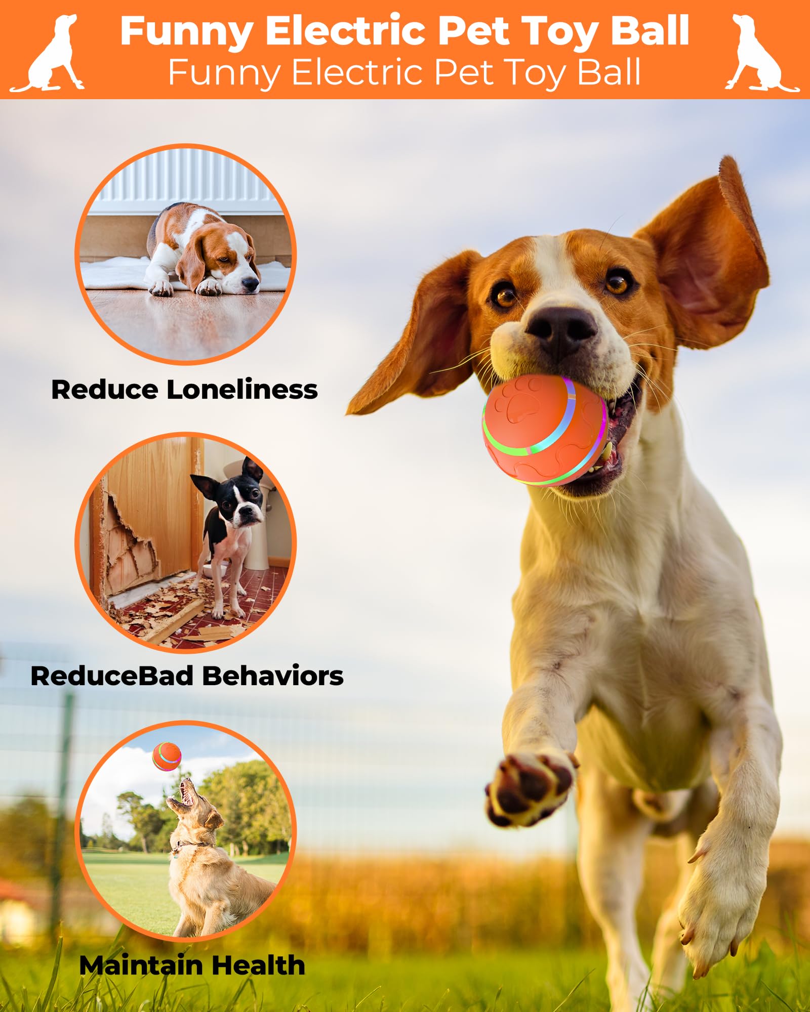 LADFAR interactive rolling dog toy bouncing mode on carpet for quieter play.