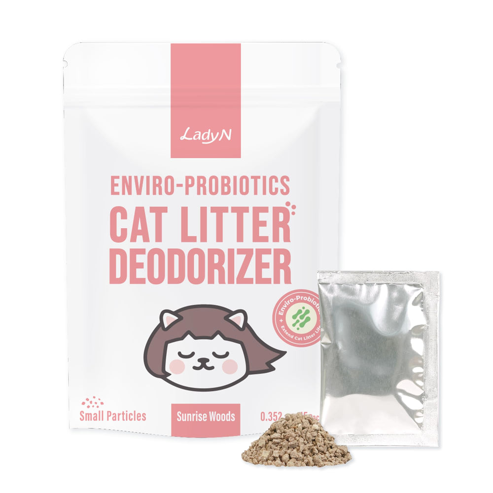 Lady N Cat Litter Deodorizer bottle close-up shows natural ingredients for odor control.