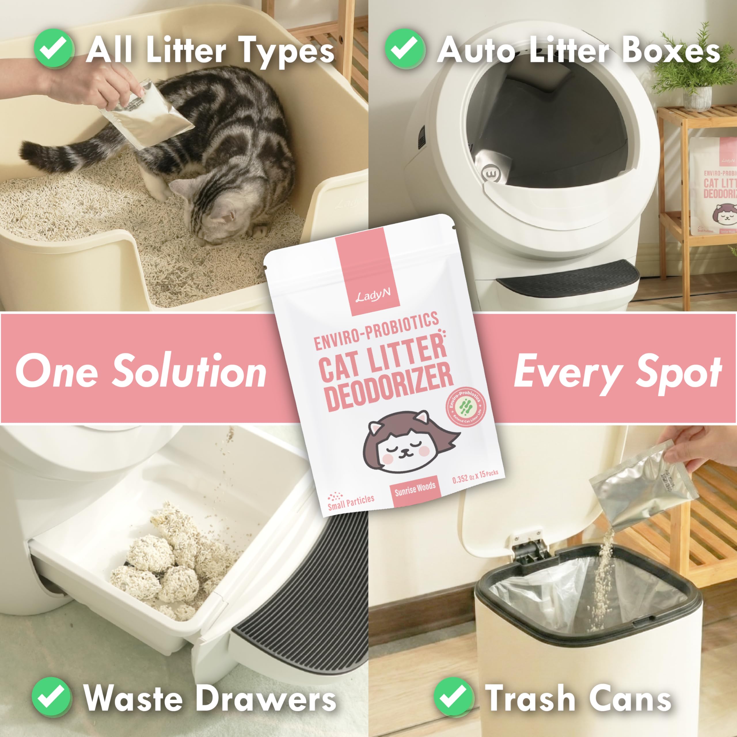 Lady N product in litter box with Sunrise Woods scent suggests inviting, fresh atmosphere.