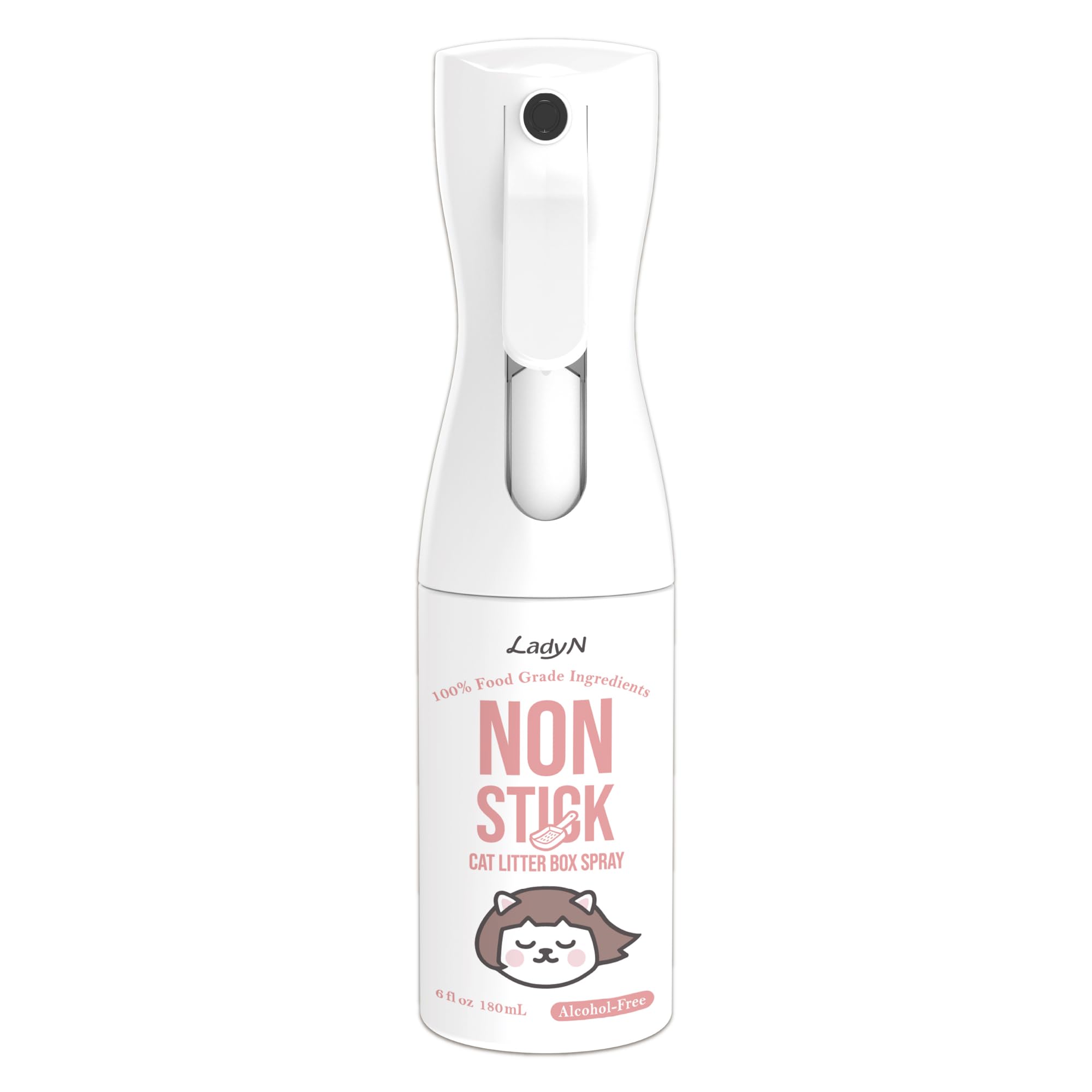 Lady N non-stick spray bottle shown for easy litter box maintenance and quick cleaning.