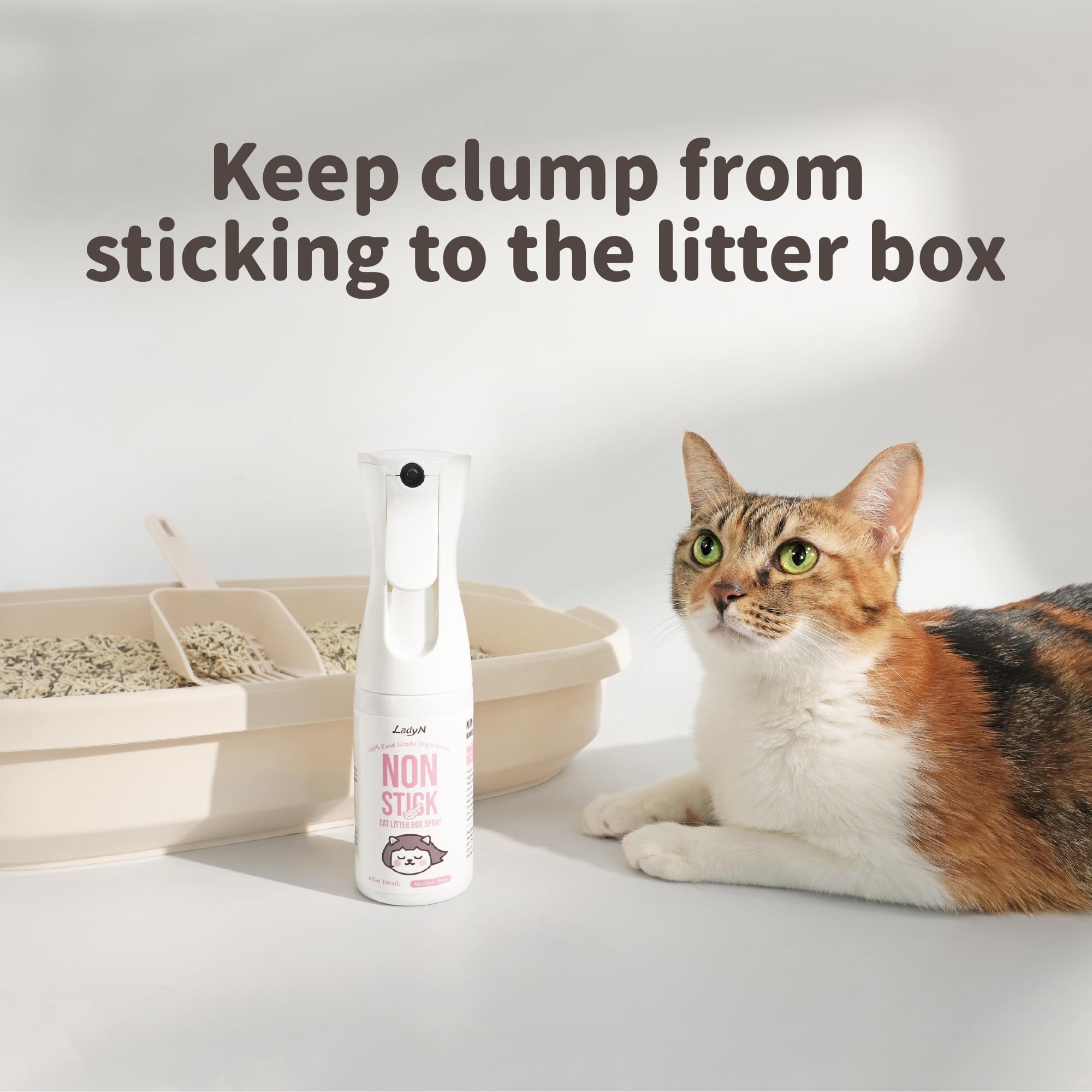 Lady N non-stick spray prevents clumps from sticking to litter box surfaces.