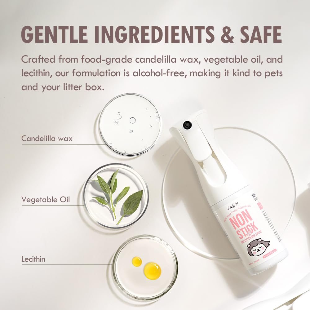Lady N non-stick spray coating forms a protective film inside the litter box.