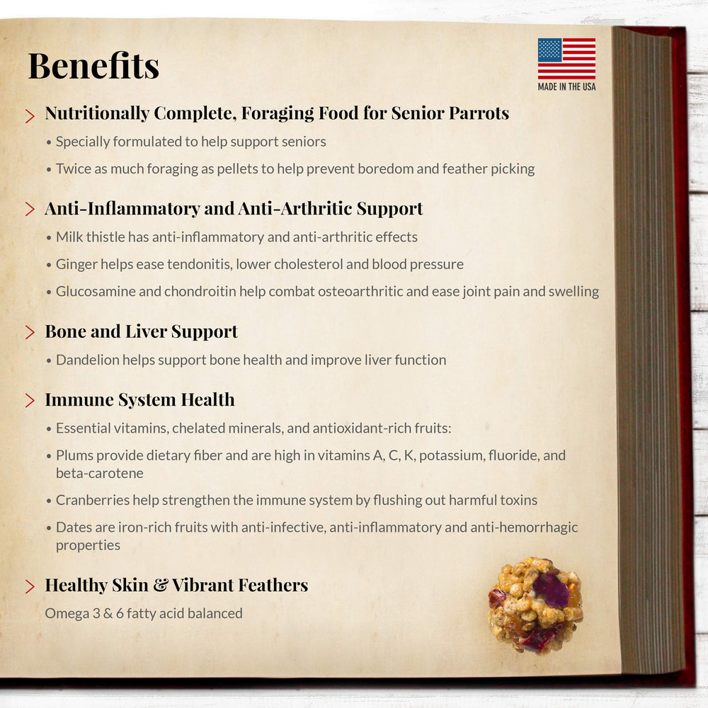 LAFEBER'S Senior Bird Nutri-Berries include glucosamine and chondroitin for senior-friendly nutrition.