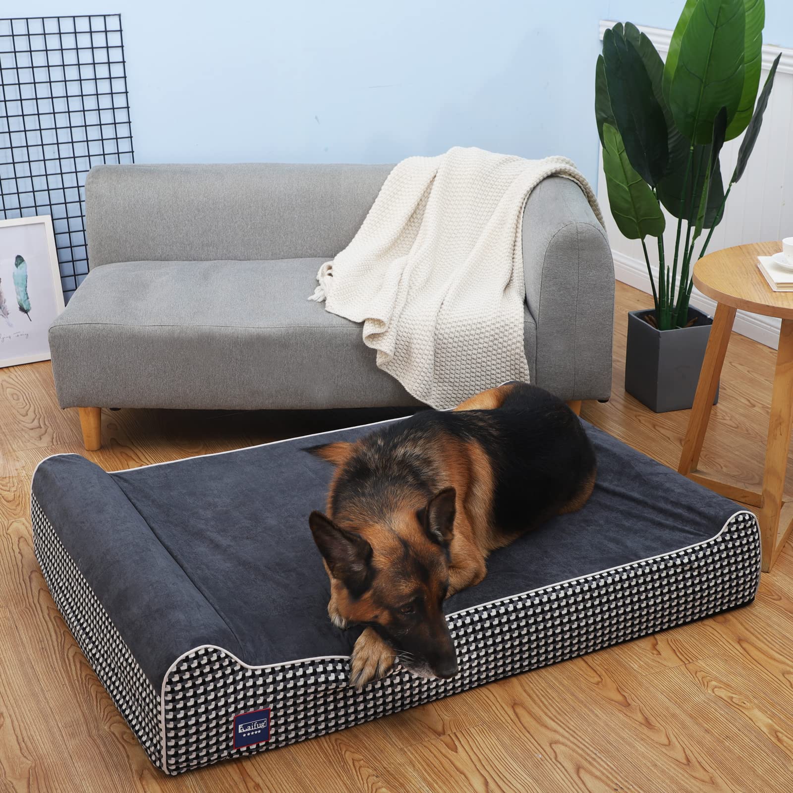 Laifug dog bed in use with a large dog enjoying restful, supported lounging.