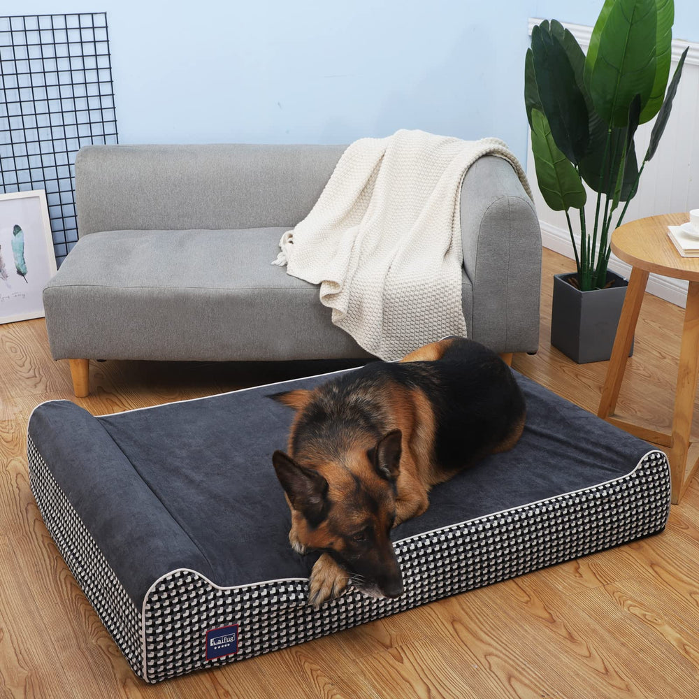 Laifug dog bed in use with a large dog enjoying restful, supported lounging.
