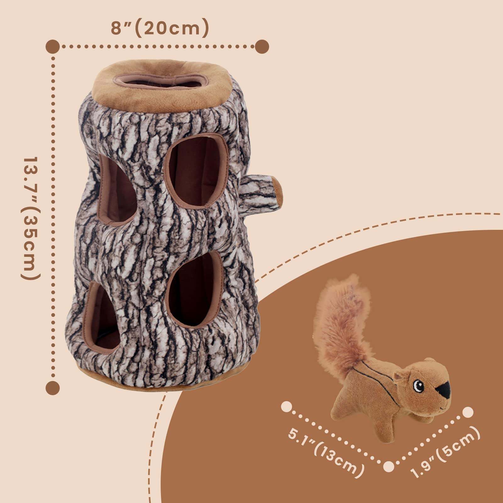 Laifug Hidden Squirrel Plush Dog Toy XL action shot highlights interactive squeak and seek play.