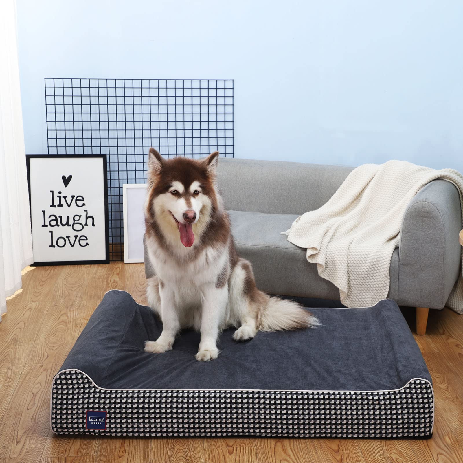 Laifug king-size bed in a room suitable for dogs 50-150 lbs.