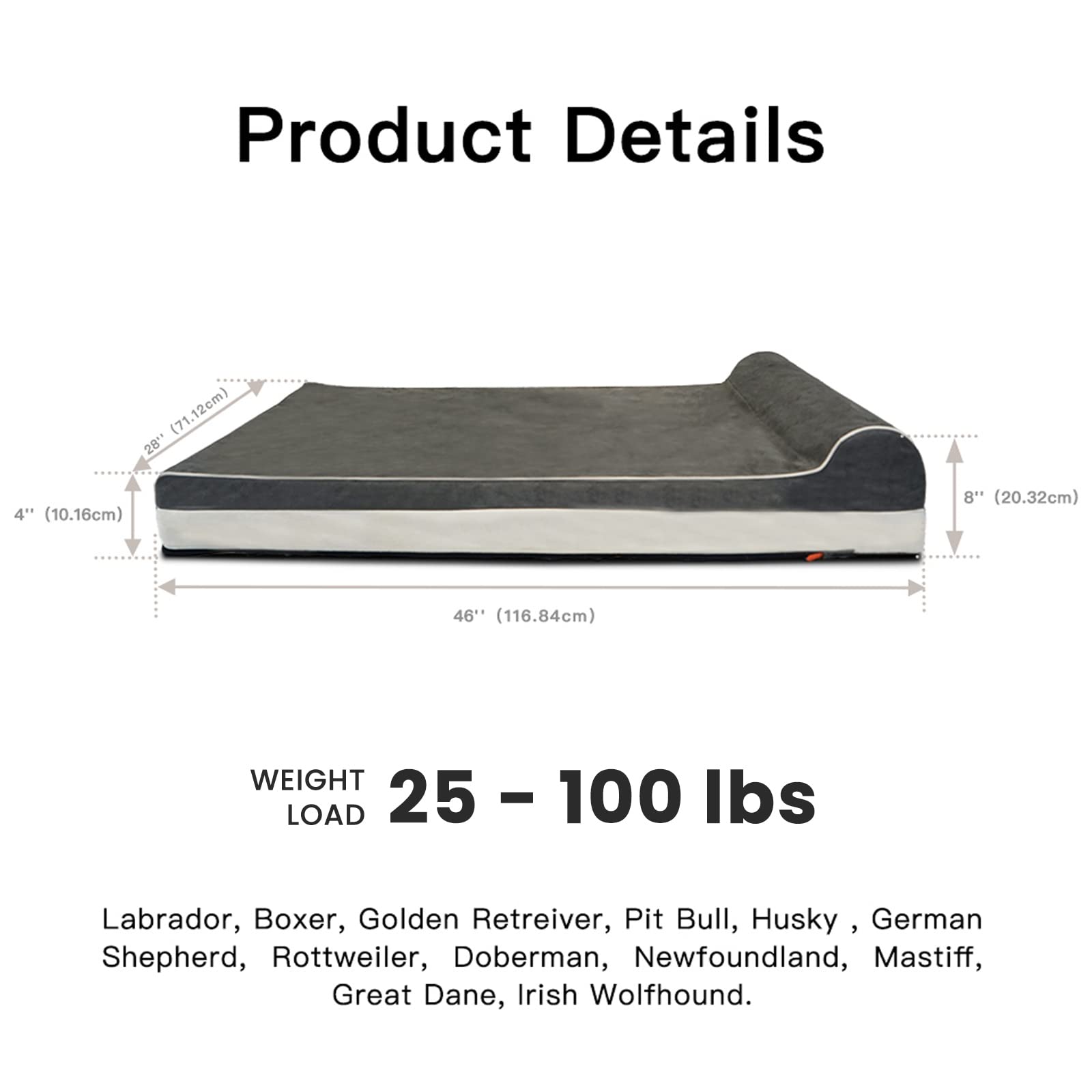 Laifug large 46x28x8 top view emphasizes generous sleeping surface for big dogs.
