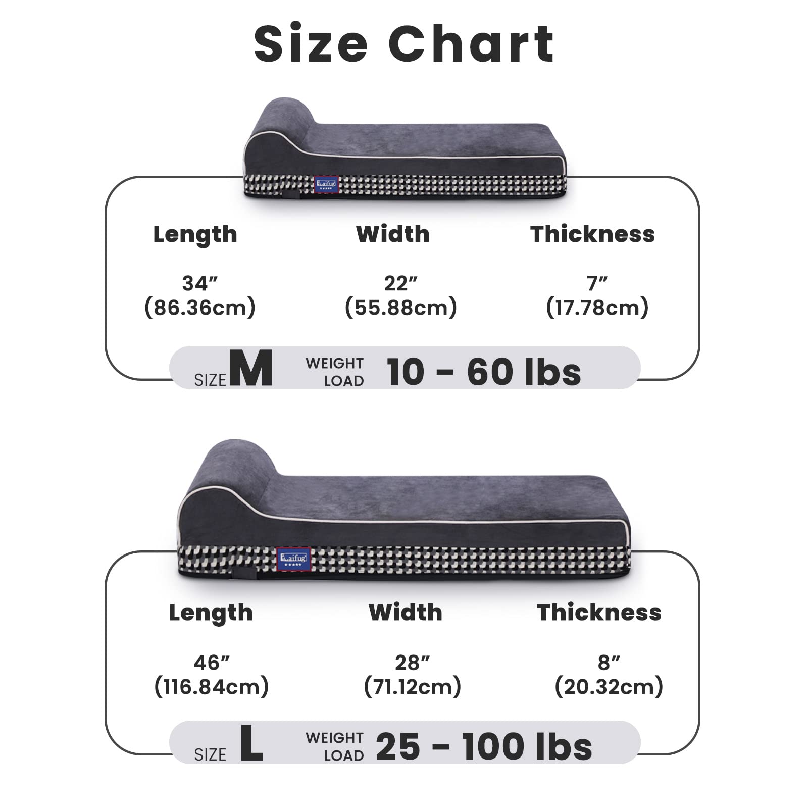 Laifug large dog bed 46x28x8 front view highlighting ample space and height.