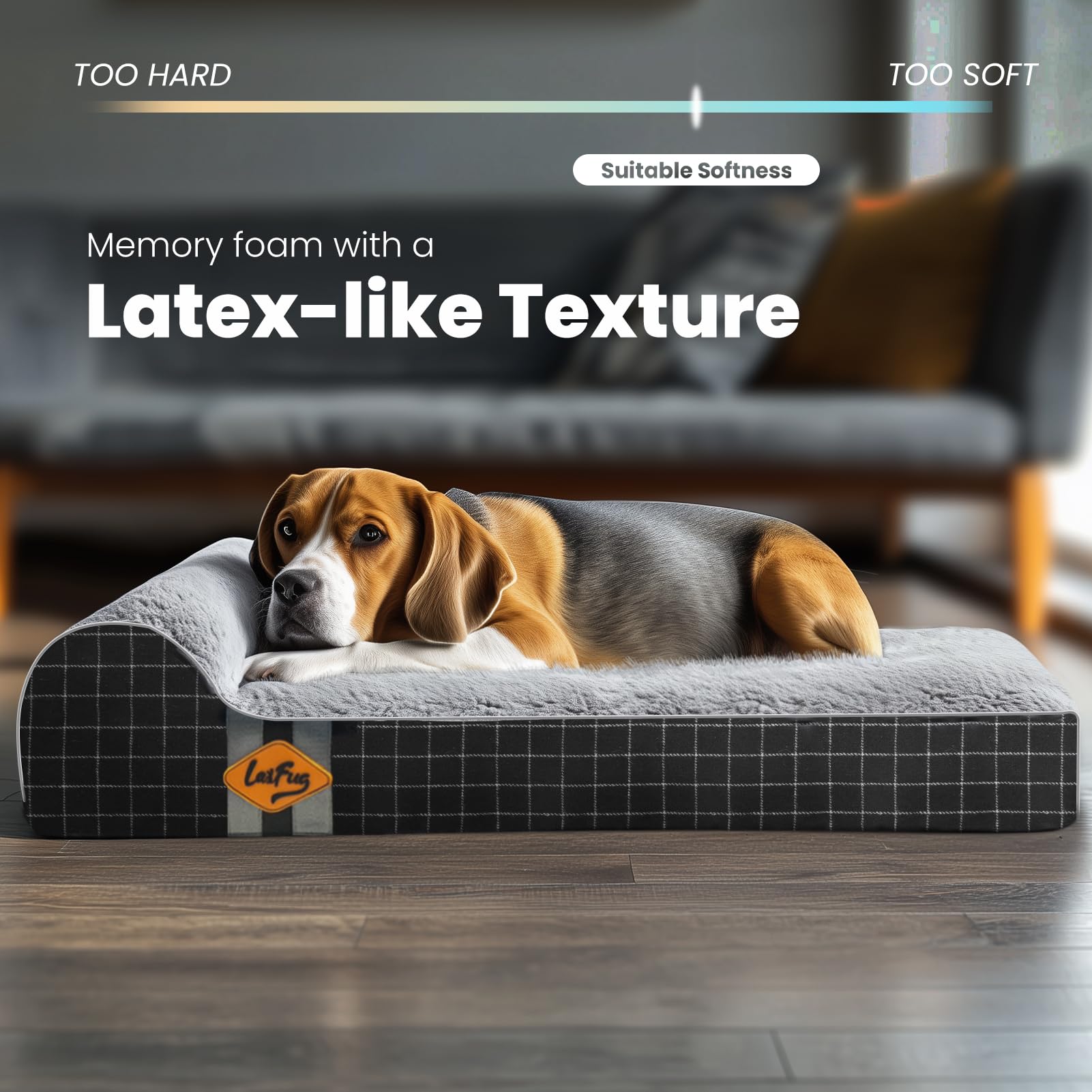 Laifug orthopedic memory foam dog bed large black grid gray side profile illustrating support