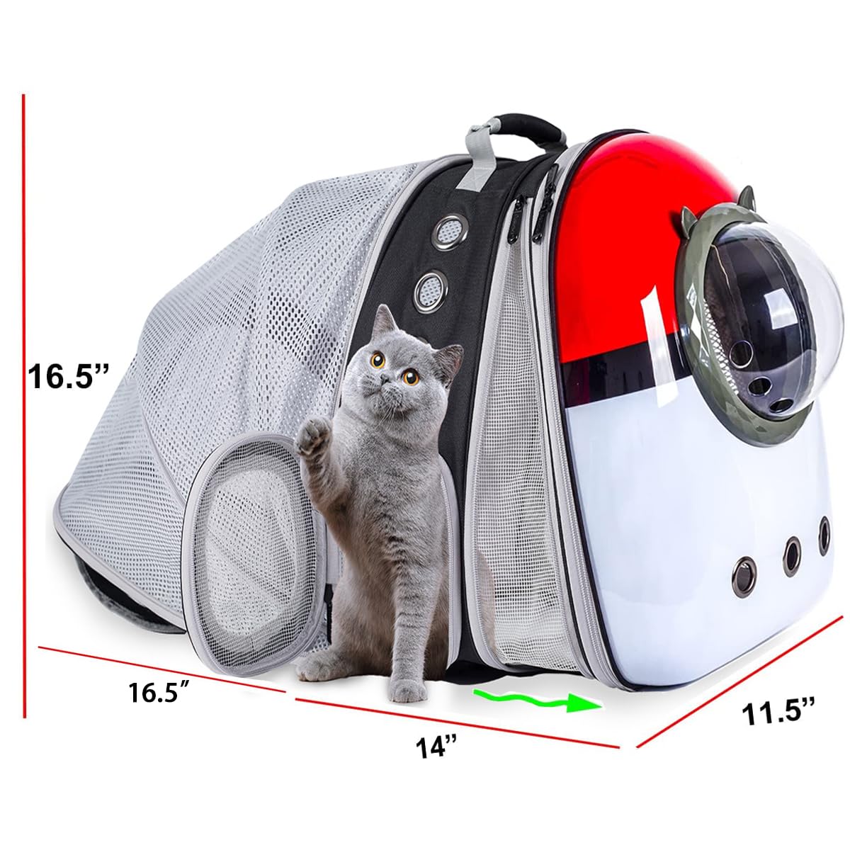 LAIRIES cat backpack showing expanded front bubble for privacy during travel.